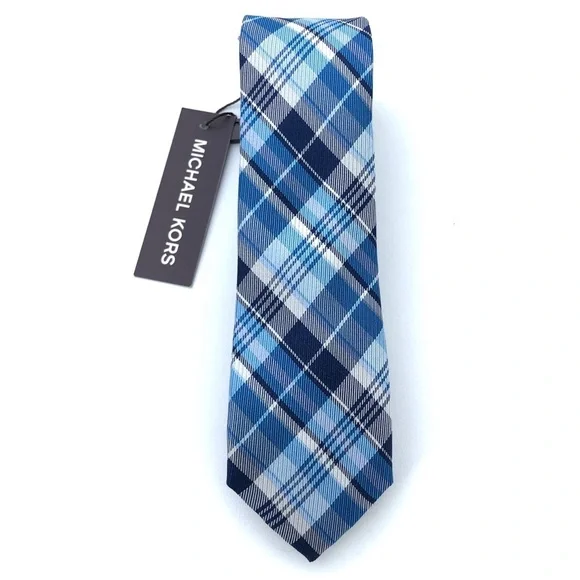 MICHAEL KORS Boys White Blue Plaid Slim 100% Silk Neck Tie - Picture 1 of 4